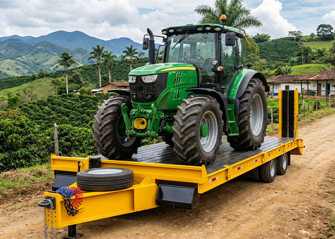 Remolque agricola con plataforma expandible y piso de madera abarco de rio transportando un tractor en el campo colombiano.