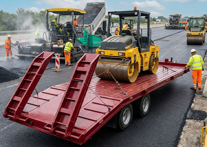 Remolque para maquinaria pesada movilizando un vibrocompactador con señalizaci�n de cinta reflectiva conspicuity segun normativa vial.